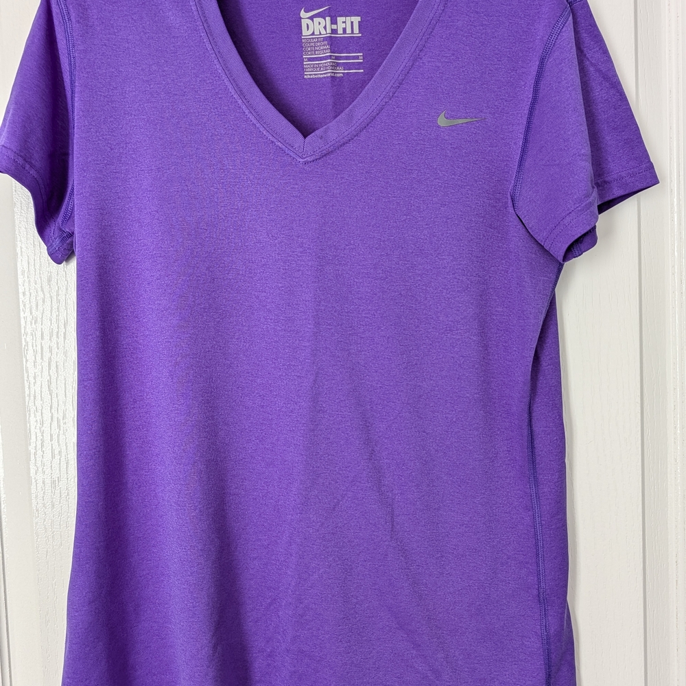 Nike Women's Purple V-Neck Dri-FIT Short Sleeve Top- Size Medium